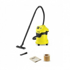 Aspirator Karcher WD 3,umed/uscat, 17 l, Furtun 2 m, 1000 W, Sac filtru din hartie, Functie de suflare, Galben/Negru foto