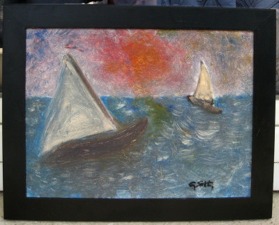 Tablou Peisaj marin Barci in larg pictura in ulei 37x47cm foto