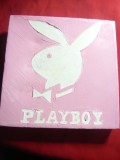 Tablouas ulei pe panza -Emblema PlayBoy ,roz cu sclipici ,dim.= 20,2x20,2 cm