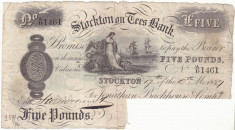 MAREA BRITANIE 5 lire 1887 G anulata Stockton on Tees Bank emisiune provinciala foto
