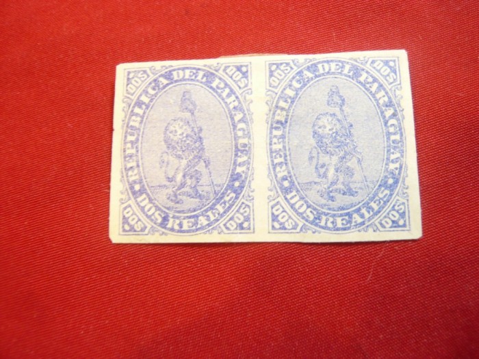Pereche 2 riali albastru 1870 -prima emisiune Paraguay ,sarniera