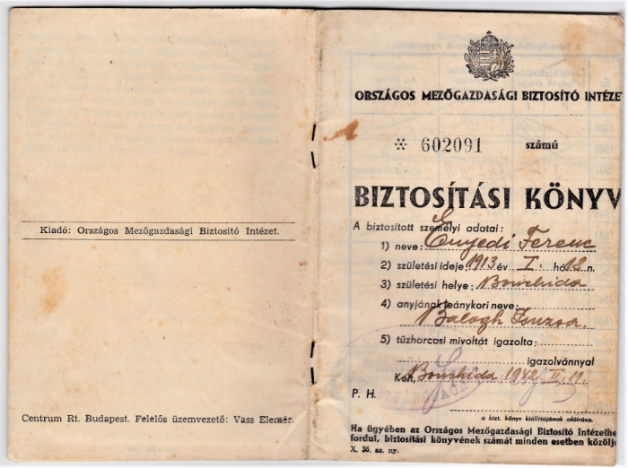 Carnet de asigurat=BIZTOSITASI KONYV 1942 emis la castelul Banffy Miklos Bontida