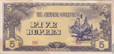 OCUPATIA JAPONEZA IN BURMA 5 rupees 1942 VF+++!!! foto