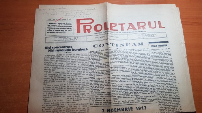 ziarul proletarul 11 noiembrie 1928-anul 1,nr. 5-ziar al partidului socialist