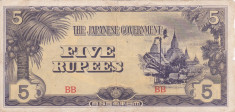 OCUPATIA JAPONEZA IN BURMA 5 rupees 1942 VF!!! foto