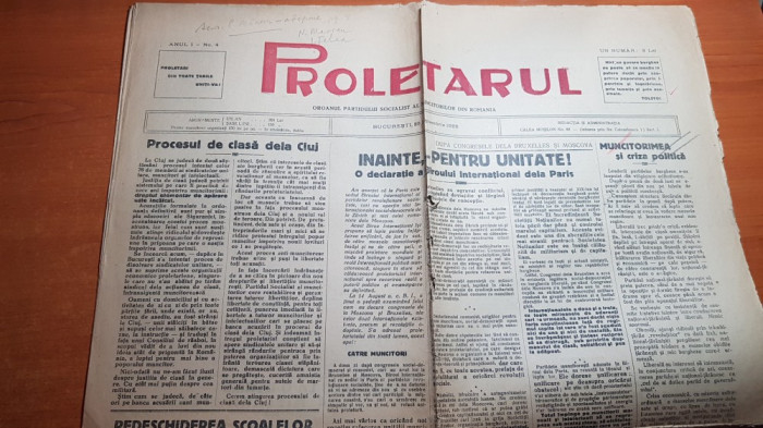 ziarul proletarul 11 noiembrie 1928-anul 1,nr. 4-procesul de clasa de la cluj