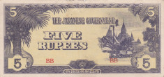 OCUPATIA JAPONEZA IN BURMA 5 rupees 1942 VF!!! foto