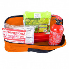 RoGroup Kit siguranta auto ? trusa medicala, 2 x triunghi, stingator, vesta + geanta depozitare foto