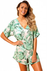 R723-11121 Rochie de plaja cu imprimeu tropical si maneci scurte foto