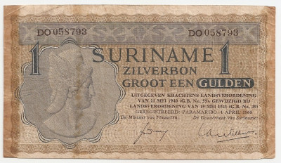 SURINAME 1 Gulden 1960 Zilverbon F foto