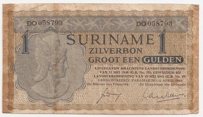 SURINAME 1 Gulden 1960 Zilverbon F foto
