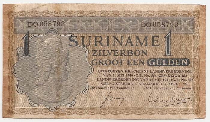 SURINAME 1 Gulden 1960 Zilverbon F