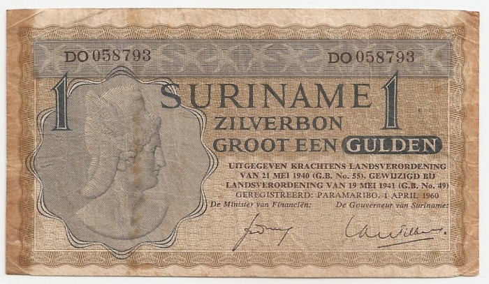 SURINAME 1 Gulden 1960 Zilverbon F