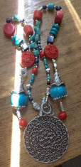 Colier inspiratie tibetana - turcoaz, coral, lapis, cinabru, hamsa foto