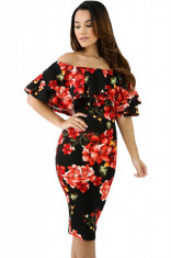 S546-115 Rochie midi cu imprimeu floral, umerii goi si volanas foto