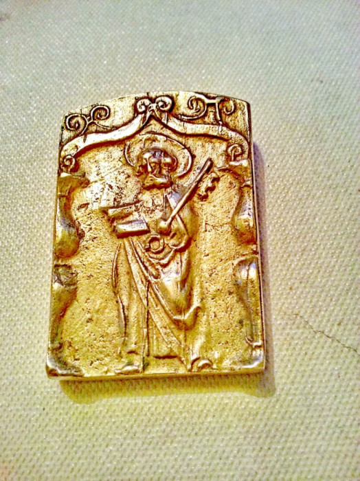 9368-Icoana mica bronz Sf. Petru cu cheia portilor raiului Franta cca 1900-30.