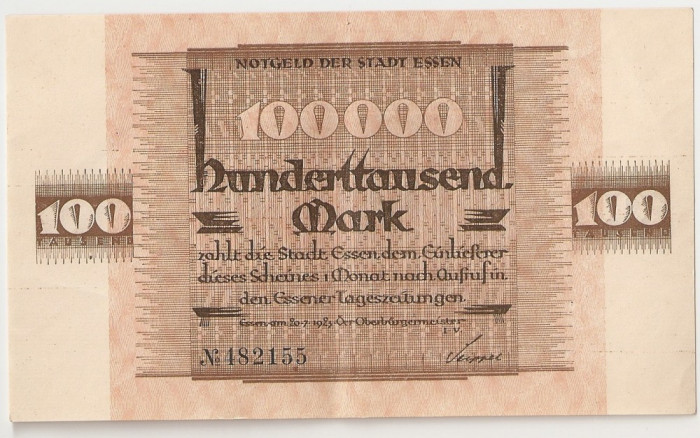 Germania Notgeld 100000 Mark Essen 1923 AUNC