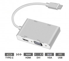 4in1 Adaptor convertor multiport USB-C Type-C la HDMI + VGA + DVI + USB 3.0 foto