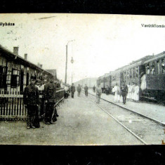 Kiralyhasa-Korolevo-Gara cu militari si tren 1916-carte postala veche maghiara.