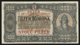 Y094 UNGARIA 1000 KORONA COROANE 1923 CU SUPRATIPAR 8 FILLER XF