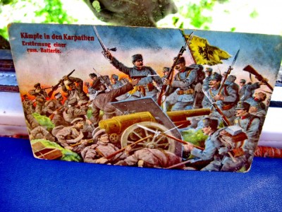 ww1-Carpati-Atac imp. unei baterii rusesti carte postala militara veche. foto