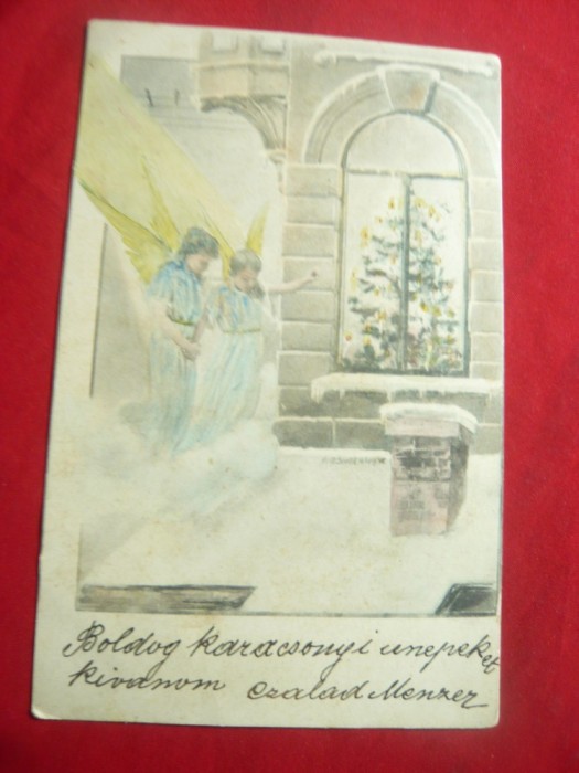 Ilustrata- Felicitare Craciun - Ingerasi la Fereastra circ.cu 1+4 filler