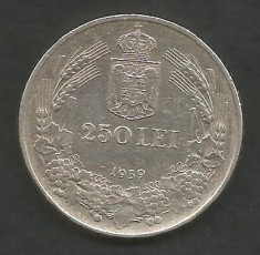 ROMANIA CAROL II 250 LEI 1939 [2] Argint 835 / 1000 - XF + , in cartonas foto