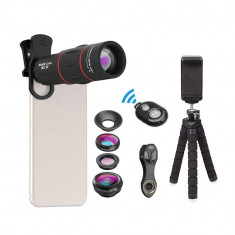 Kit lentile conversie Apexel APL-T18XBZJ5 4 in 1 mini trepied cu suport pentru smartphone si telecomanda bluetooth foto