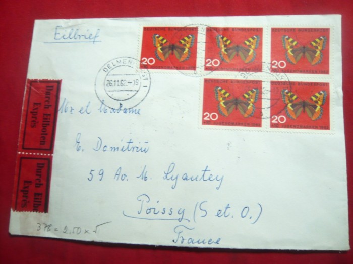 Plic francat cu 5x20 pf. Fluturi- RFG -circulat 1962, Vigneta Express