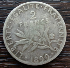 (A552) MONEDA DIN ARGINT FRANTA - 2 FRANCS 1899, SEMANATOAREA, NECURATATA foto