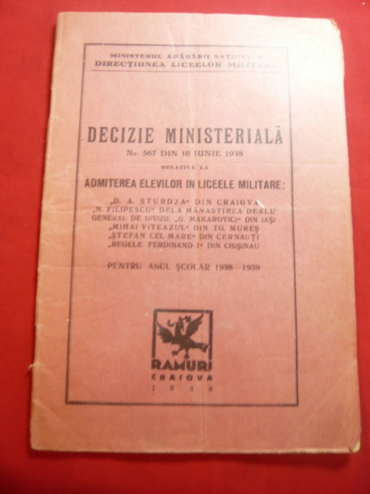 Decizie Ministeriala 1938 -Admiterea Elevilor in Liceele Militare -Dir. Liceelor