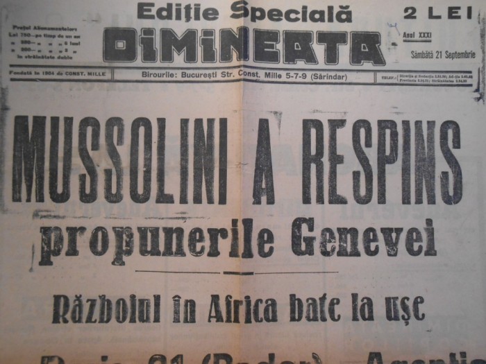 Ziarul Dimineata, editie speciala, 2 pag, samb. 21 sept. 1935, stare buna