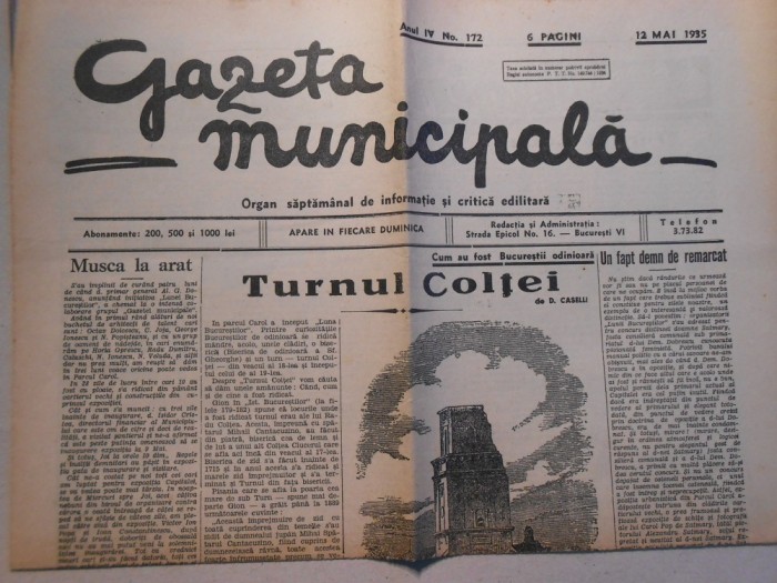 Gazeta municipala, 12 mai 1935, 6 pagini, stare foarte buna