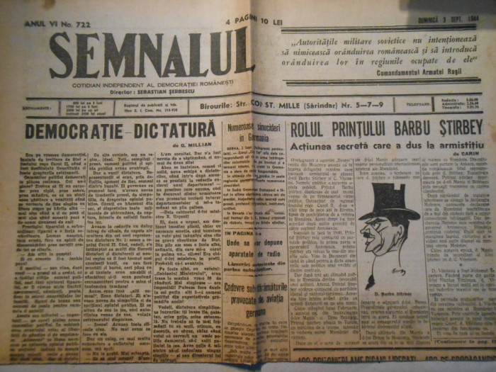 Ziarul Semnalul, dum. 3 sept. 1944, 4 pagini, stare buna