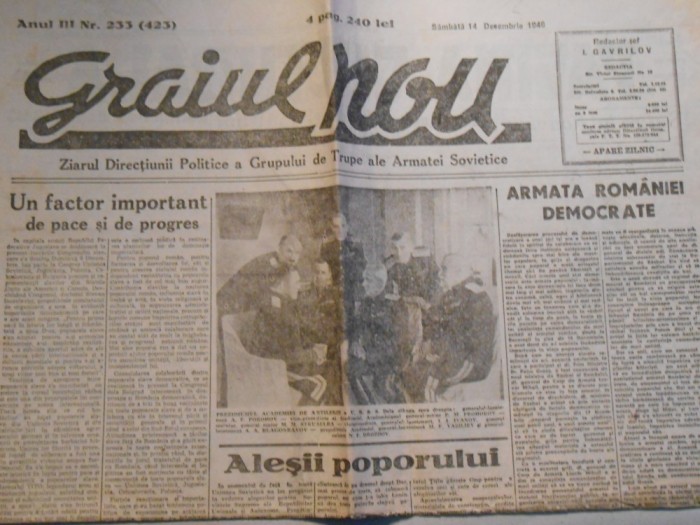 Ziarul Graiul nou, samb. 14 dec. 1946, an 3, 4 pagini