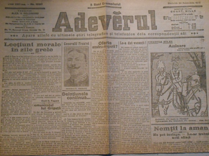 Ziarul Adevarul, samb. 20 febr. 1916, 4 pagini, stare foarte buna