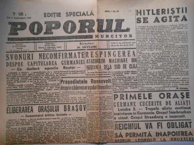 Ziarul Poporul, joi 7 sept. 1944, 2 pagini, stare buna foto