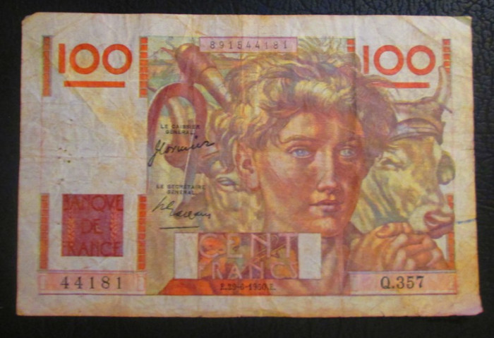 bancnotă _ Franta : 100 francs 1950 .bancnota , &quot;jeune paysan&quot;