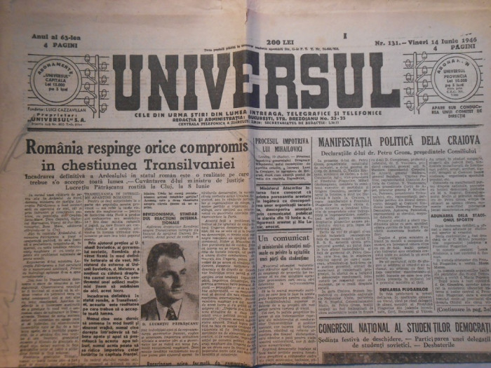 Ziarul Universul, vin. 14 iun. 1946, 4 pagini, stare buna