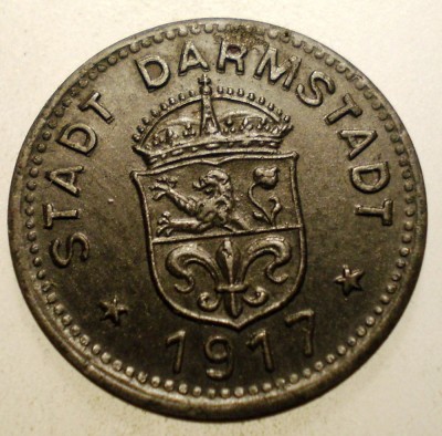 1.218 GERMANIA WWI STADT DARMSTADT 10 KLEINGELDERSATZMARKE 1917 foto