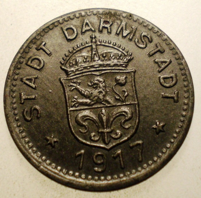 1.218 GERMANIA WWI STADT DARMSTADT 10 KLEINGELDERSATZMARKE 1917