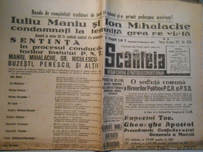 Ziarul Scanteia, samb. 15 nov. 1947, 6 pag., sentinta proces Maniu si Mihalache