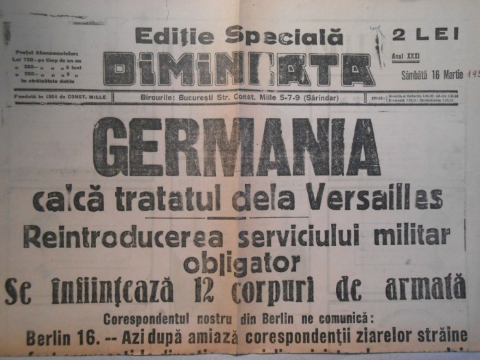 Ziarul Dimineata, editie speciala, sambata 16 mart. 1935, 2 pagini, stare buna