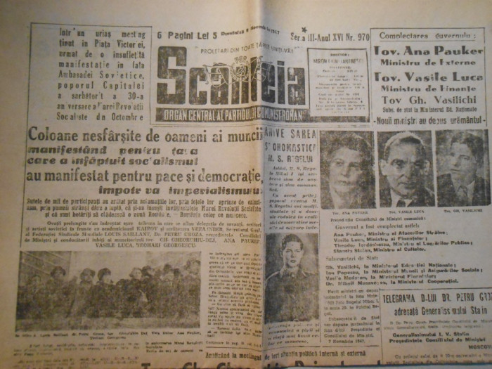 Ziarul Scanteia, dum. 9 nov. 1947, 6 pag., raportul Molotov, stare buna