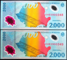 Lot / Set 2 Bancnote Serii Consecutive 2000 Lei- ROMANIA, anul 1999 *cod 04 UNC foto