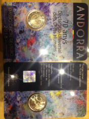 moneda ANDORRA 2 euro comemorativa 2018-70 ani Declaratie Universala (card) foto