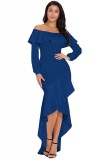 Rochie Bleumarin Asimetrica Volane Decolteu Bardot Eleganta Maneci Lungi Mulata Ocazie Speciala Seara