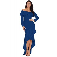 P679-44 Rochie asimetrica cu volane si decolteu bardot