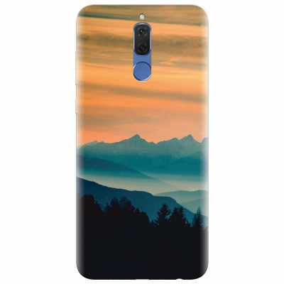 Husa silicon pentru Huawei Mate 10 Lite, Blue Mountains Orange Clouds Sunset Landscape foto