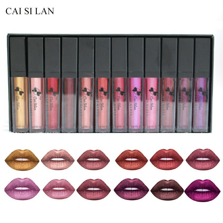 Set kit 12 rujuri metalizate gloss ruj metalic semipermanente cadou sf ...